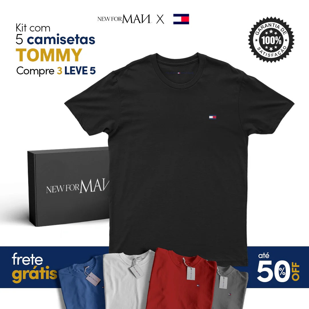 Kit 5 Camisetas Tommy + 3 Cuecas Boxer de Brinde