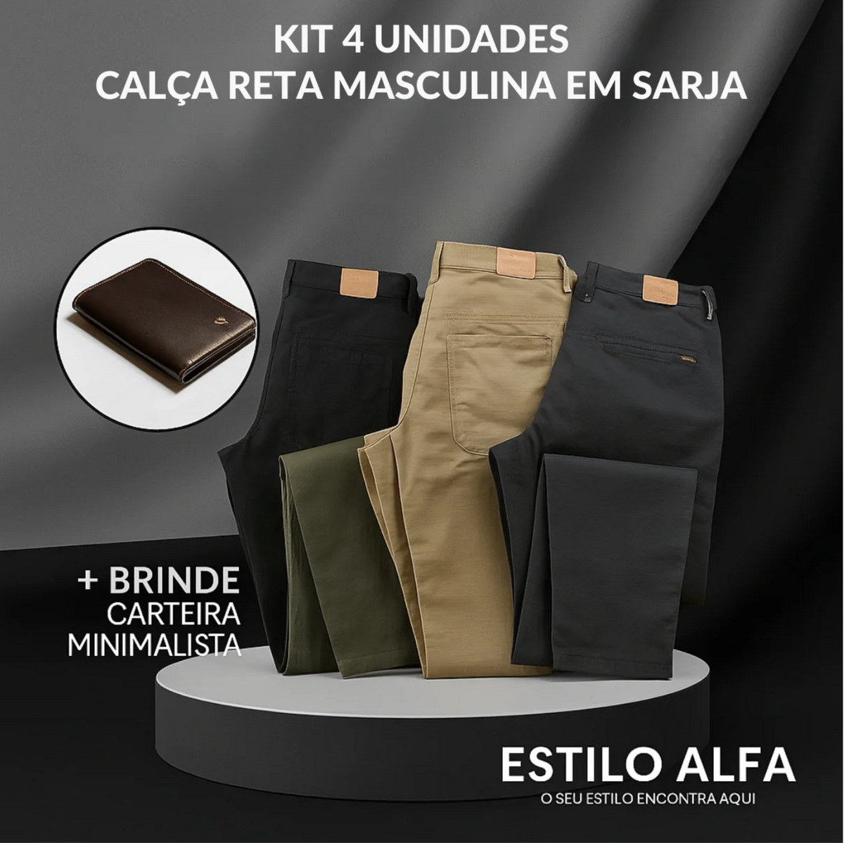[Kit 4 Unidades] Calça Reta Masculina em Sarja  + Carteira de Brinde