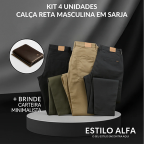 [Kit 4 Unidades] Calça Reta Masculina em Sarja  + Carteira de Brinde